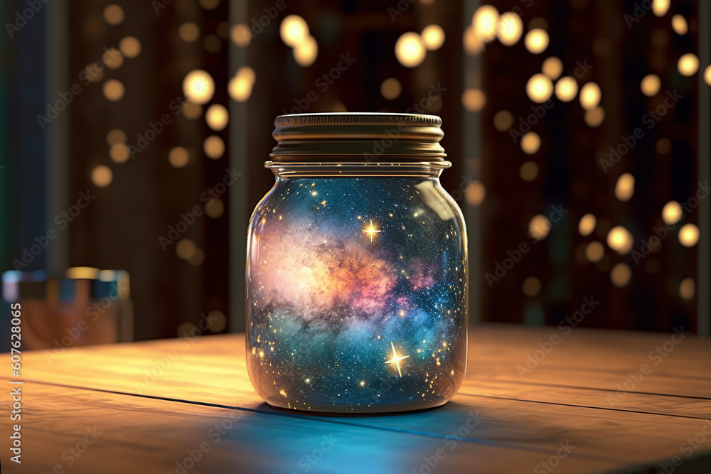 Magic in a Glass Jar. Simulated Starry Sky. Unveiling the Unreal Universe, Galaxy of Stars, Glimpse of Milky Way, Astronomy Magic, Cosmic Fantasy in Space, Science. Generative AI Magic in a Glass Jar. Simulated Starry Sky. Unveiling the Unreal Universe, Galaxy of Stars, Glimpse of Milky Way, Astronomy Magic, Cosmic Fantasy in Space, Science. Generative AI