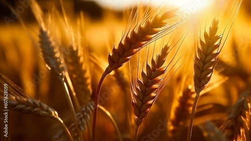Closeup of golden ears wheat field. Generative ai