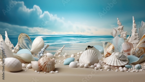 shells and seashells on the beach, in the style of surreal 3d landscapes, white and azure, photo-realistic landscapes, exotic, light beige, shaped canvas, contest winner, generative AI