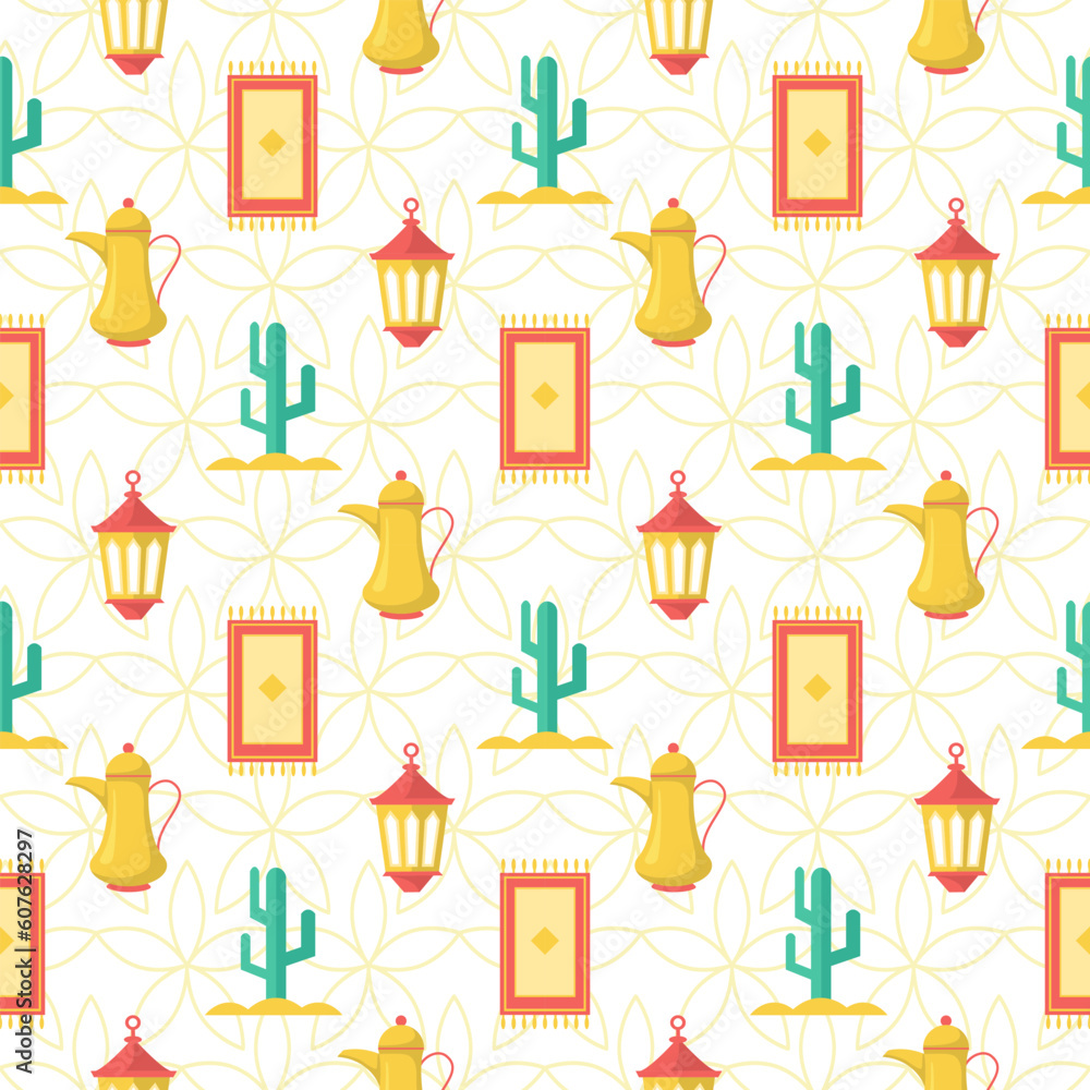Happy Islamic New Year Seamless Pattern Design Flat Illustration with Muslims Elements in Template Hand Drawn Happy Islamic New Year Seamless Pattern Design Flat Illustration with Muslims Elements in Template Hand Drawn