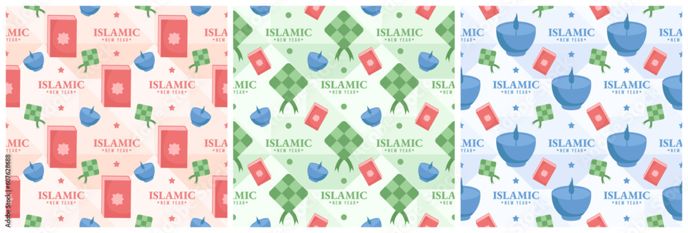 Set of Happy Islamic New Year Seamless Pattern Design Flat Illustration with Muslims Elements in Template Hand Drawn Set of Happy Islamic New Year Seamless Pattern Design Flat Illustration with Muslims Elements in Template Hand Drawn