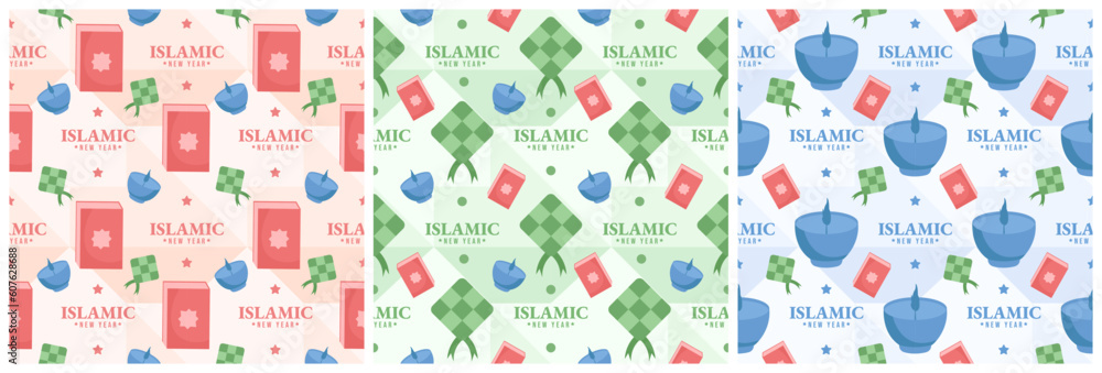 Set of Happy Islamic New Year Seamless Pattern Design Flat Illustration with Muslims Elements in Template Hand Drawn