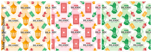 Set of Happy Islamic New Year Seamless Pattern Design Flat Illustration with Muslims Elements in Template Hand Drawn