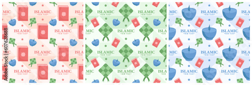Set of Happy Islamic New Year Seamless Pattern Design Flat Illustration with Muslims Elements in Template Hand Drawn