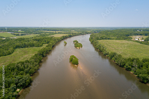 Rural Aerial of River in Nature with Fields and Blue Sky