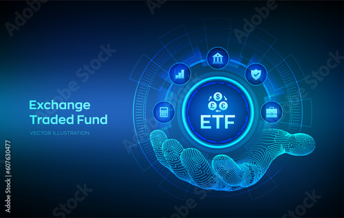 ETF. Exchange traded fund stock market trading investment financial concept in wireframe hand. Stock market index fund. Business Growth. Vector illustration.