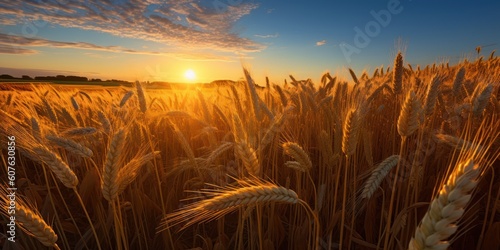 Field of golden wheat against the background of the morning sun. AI  generation 