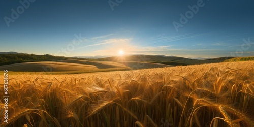 Field of golden wheat against the background of hills and the morning sun in the sky with clouds. AI  generation 