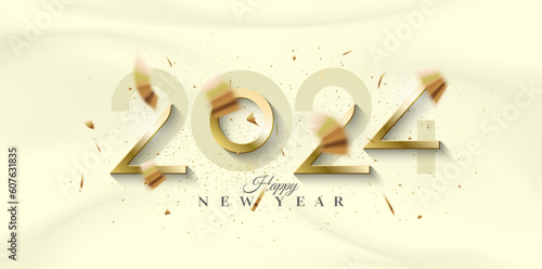 Golden number 2024 with happy new year 2024 celebration numbers. Premium vector design for poster, banner, greeting and celebration of happy new year 2024.