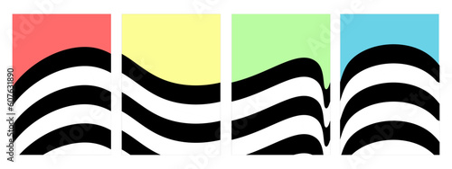 Trendy minimalist abstract wavy background set with red, yellow, green, blue summer theme. Vintage styled vector illustration