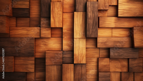 Close-Up of randomly shifted wooden cubes which form a block background. Wallcovering wooden wallpaper. Generative AI