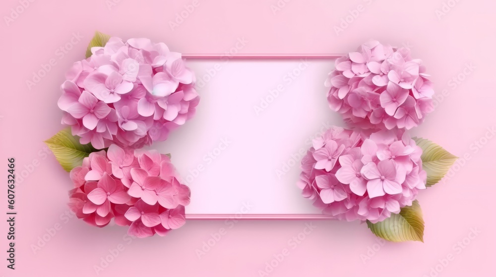 Hydrangea flowers with pink frame around. Generative ai