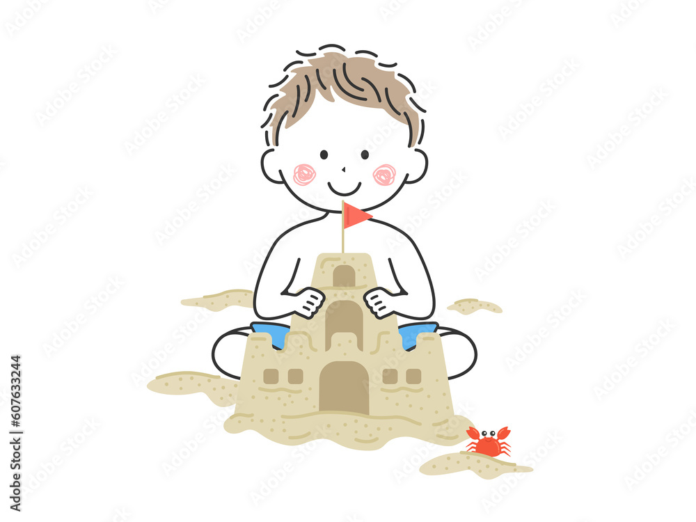 砂でお城を作る、男の子のイラスト 砂でお城を作る、男の子のイラスト