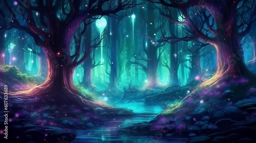 Mystical magical forest at night with glowing lights. Generative ai