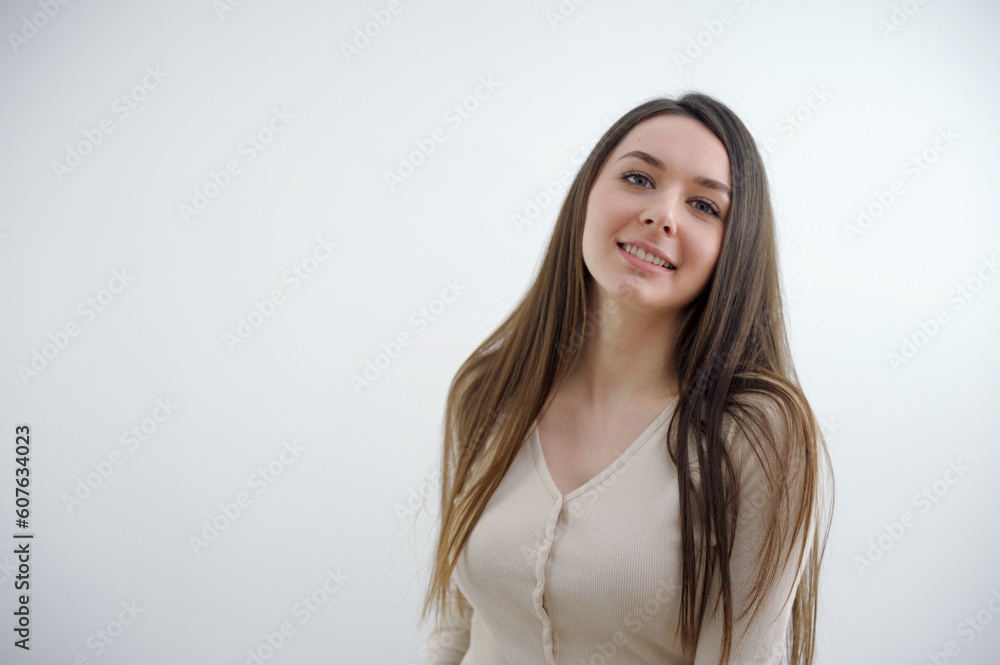 Young caucasian woman isolated on white background laughs out loudly keeping hand on chest. High quality photo Young caucasian woman isolated on white background laughs out loudly keeping hand on chest. High quality photo