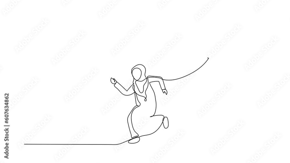 Self drawing animation of single line draw young Arabian businesswoman run away from stomping foot. Office worker running from giant unfair business competition. Continuous line. Full length animated Self drawing animation of single line draw young Arabian businesswoman run away from stomping foot. Office worker running from giant unfair business competition. Continuous line. Full length animated