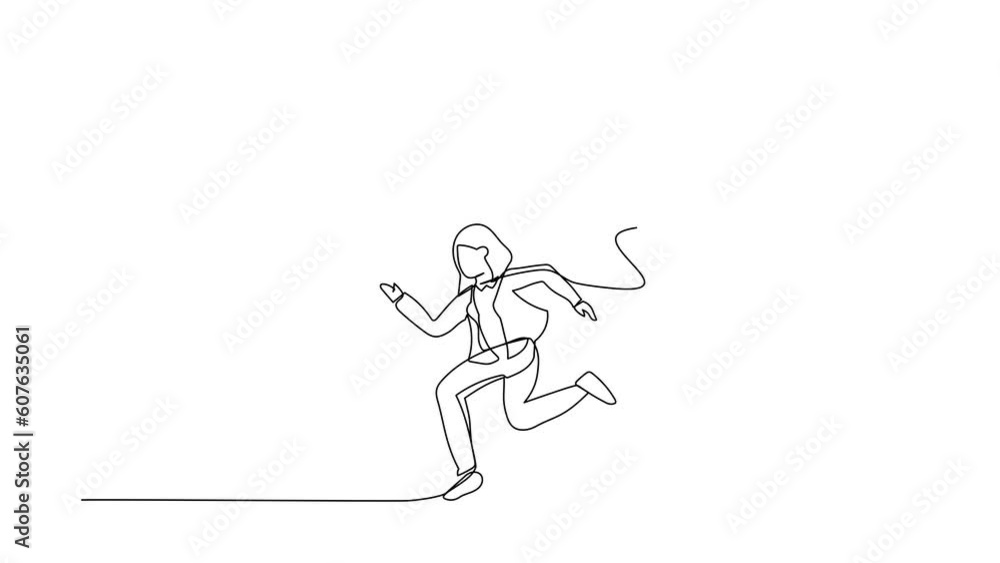 Self drawing animation of single line draw businesswoman run away from stomping foot. Office worker running from giant unfair business competition. Minimalism. Continuous line. Full length animated Self drawing animation of single line draw businesswoman run away from stomping foot. Office worker running from giant unfair business competition. Minimalism. Continuous line. Full length animated