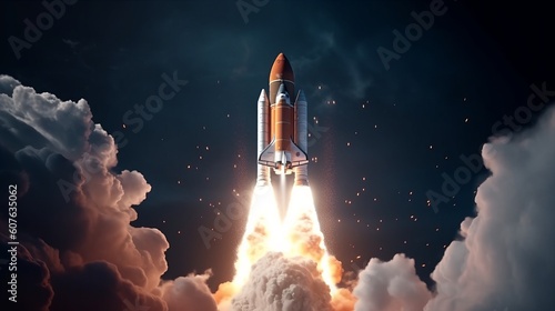 A rocket blasting off into space with vivid colors and details of its thrusters and flames. Generative ai