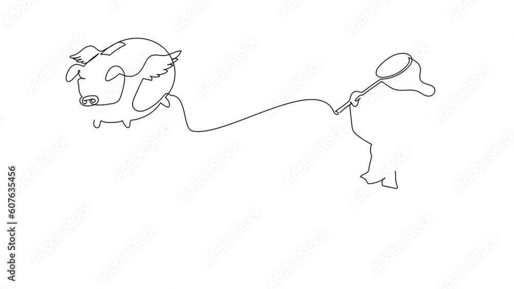Animated self drawing of continuous line draw Arabian businesswoman try to catching flying piggy bank with butterfly net. Future savings lost due to economic crisis. Full length one line animation Animated self drawing of continuous line draw Arabian businesswoman try to catching flying piggy bank with butterfly net. Future savings lost due to economic crisis. Full length one line animation