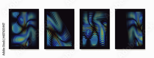 Abstract wall art, mesmerizing blue gradient wavy line pattern on dark background. The composition creates abstract illusions, engaging imagination and adding a touch of intrigue to any space.