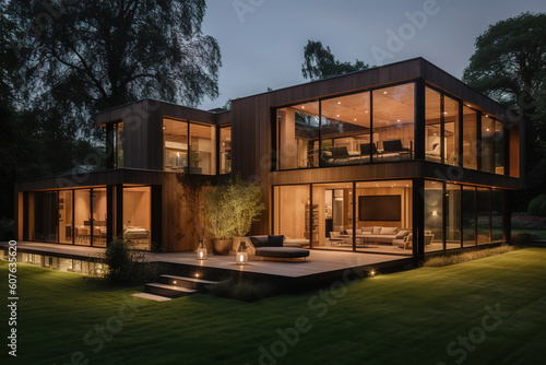 A contemporary home with a large glass front, lawn and a patio, is seen in the evening. Generative AI