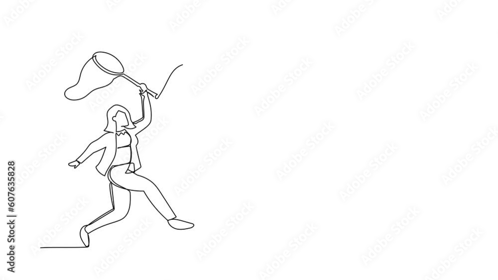 Animated self drawing of continuous line draw businesswoman try to catching flying brain with butterfly net. Mental retardation due to brain disorders. Mind disease. Full length single line animation Animated self drawing of continuous line draw businesswoman try to catching flying brain with butterfly net. Mental retardation due to brain disorders. Mind disease. Full length single line animation
