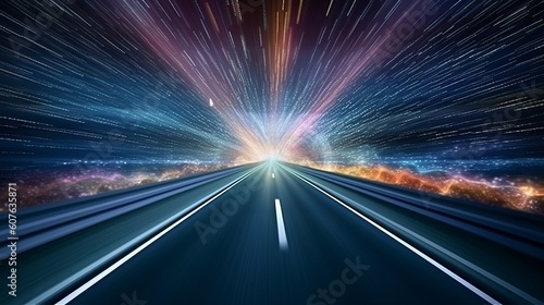 Speed light trail in empty highway tunnel. Generative ai