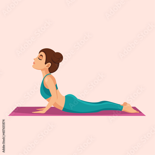 Fototapeta Naklejka Na Ścianę i Meble -  Young girl practice yoga. Snake pose. Flat vector cartoon illustration