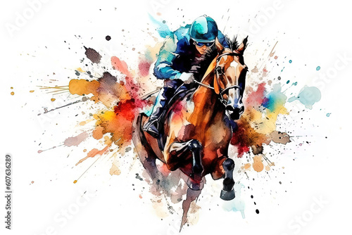 Abstract racing horse with jockey from splash of watercolors. Equestrian sport. Generative AI