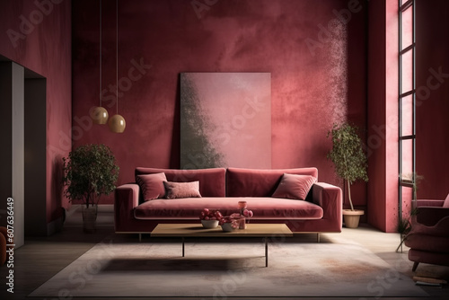 Viva magenta trend living room color. A vibrant couch accent. Background of plaster microcement wall. Burgundy and crimson colors are used in the room s decor. Generative AI