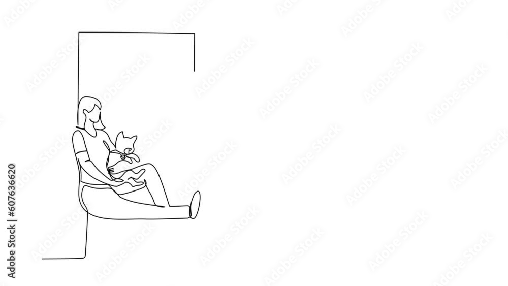 Animated self drawing of continuous line draw young woman sitting on windowsill and holding cat. Happy girl with her pet, urban lifestyle. Resting during pandemic. Full length one line animation Animated self drawing of continuous line draw young woman sitting on windowsill and holding cat. Happy girl with her pet, urban lifestyle. Resting during pandemic. Full length one line animation