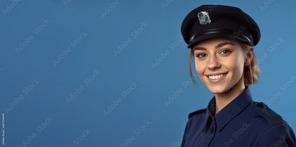 a smiling young female dressed as a police's in front of blue background generative ai a smiling young female dressed as a police's in front of blue background generative ai