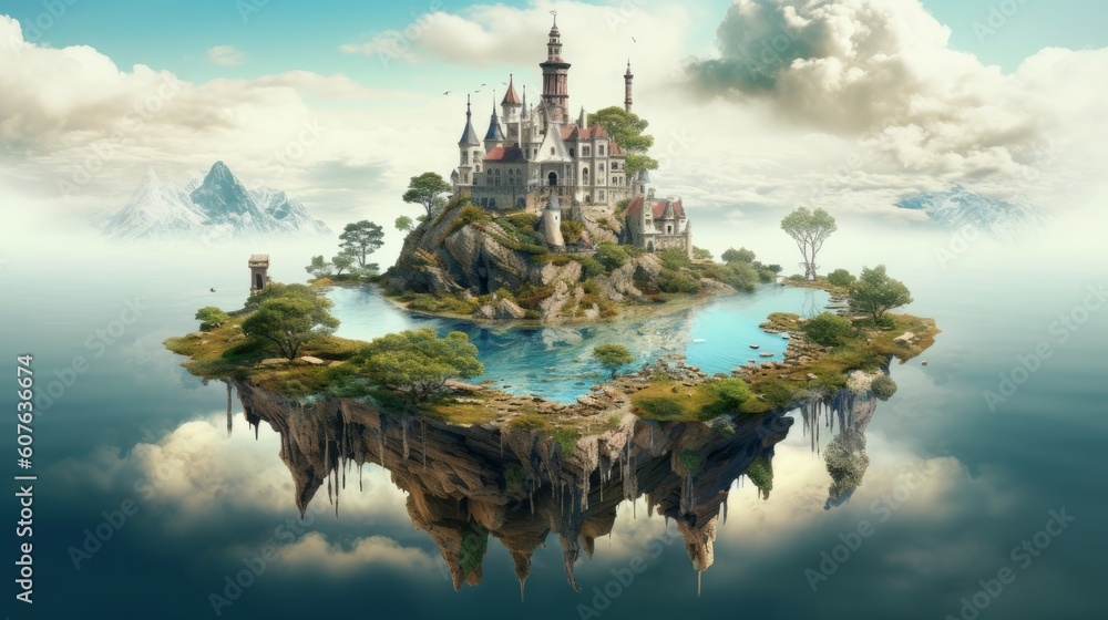 Surreal dreamscape with floating island with castle and trees. Generative ai