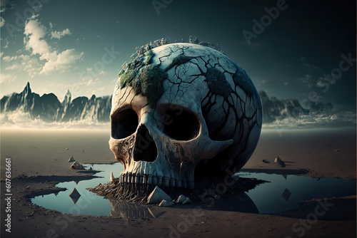 Humanoid skull with cracks and decay in desert landscape