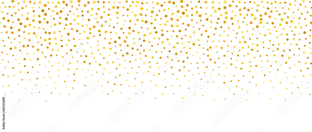 Golden falling confetti background. Repeating gold glitter pattern. Yellow, orange dots wallpaper. Celebration party decoration. Vector backdrop 