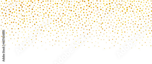 Golden falling confetti background. Repeating gold glitter pattern. Yellow, orange dots wallpaper. Celebration party decoration. Vector backdrop 
