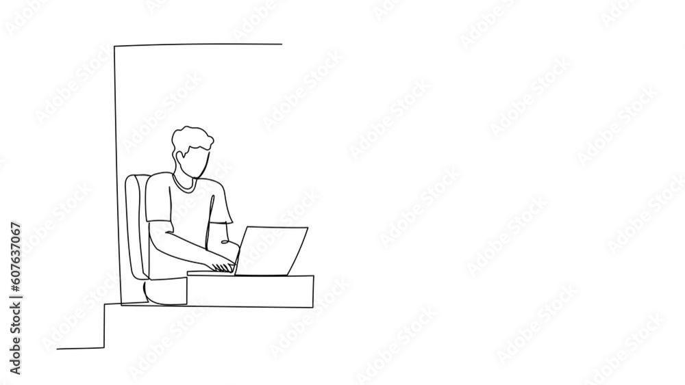 Animated self drawing of single continuous line draw man working from home near window. Businessman sitting at desk using laptop. Project management. Remote work office. Full length one line animation Animated self drawing of single continuous line draw man working from home near window. Businessman sitting at desk using laptop. Project management. Remote work office. Full length one line animation