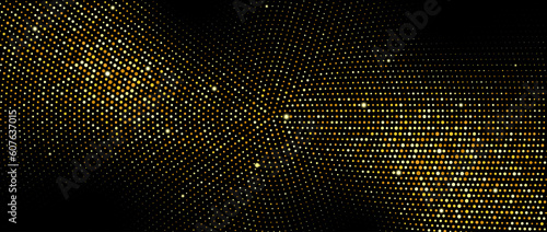 Golden radial halftone background. Gold glitter confetti wallpaper. Retro dotted circles pattern with sparkles. Design template for banner, flyer, poster, presentation. Vector luxury illustration 