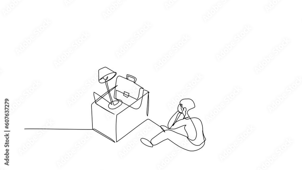 Self drawing animation of single line draw businesswoman sitting on floor near office under big foot stomp. Unemployment, jobless, job reduction metaphor. Continuous line draw. Full length animated Self drawing animation of single line draw businesswoman sitting on floor near office under big foot stomp. Unemployment, jobless, job reduction metaphor. Continuous line draw. Full length animated