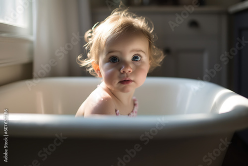Baby sitting in a Bathtub. Fictional person, no real people. Generative AI