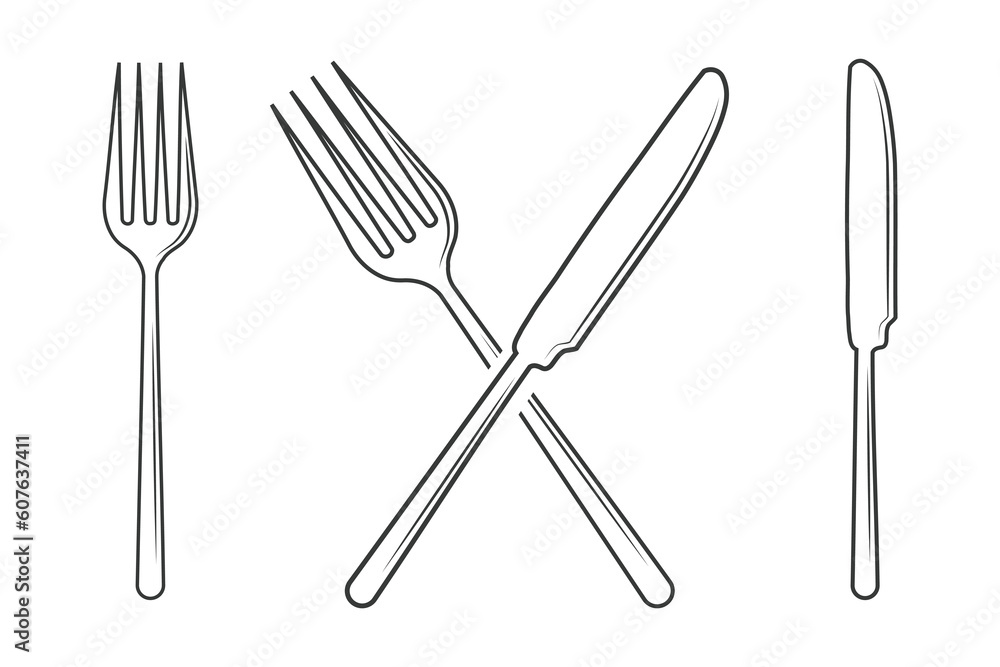 Fototapeta premium Cutlery Outline, Cutlery Silhouette, Fork Vector, Restaurant Equipment, Clip Art, Fork Spoon and Knife Outline