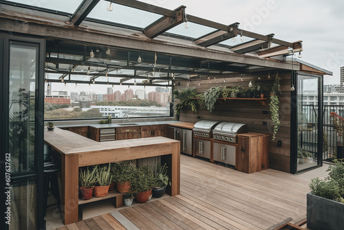 Tableau sur toile A rooftop patio and an open kitchen with sliding glass doors
