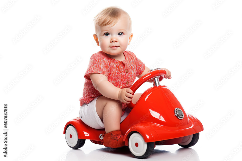 Baby on a toy car isolated on transparent or white background. Generative AI Baby on a toy car isolated on transparent or white background. Generative AI