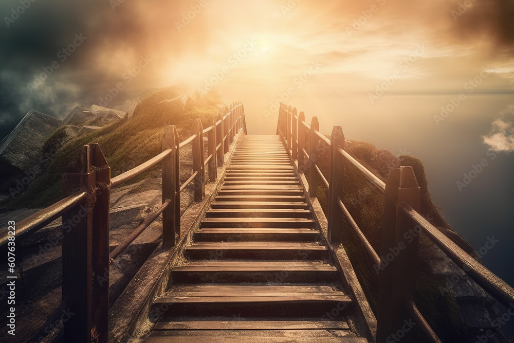 Fototapeta premium Stairway to heaven, bright heavenly light background religion wonderful sky the dawn sky born light solar flare up. God is great. Generative AI