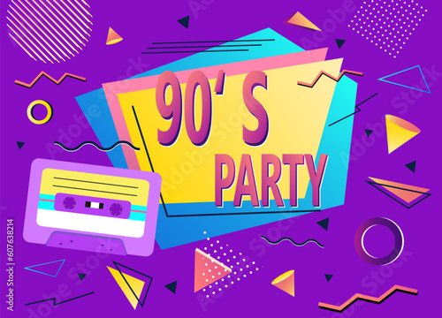 Bright vintage poster from the 90s and 80s. Cassette to the tape recorder  vintage retro textures. Template for musical events in the style of pop and rock music  advertising  banner and invitation to