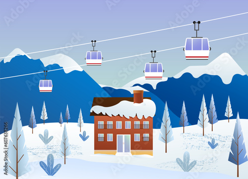 Ski resort. Winter vacation time. Landscape with mountains and hotel. Vector. For posters, advertising flyers, covers and brochures, websites and social networks.