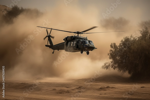 Military helicopter landing in rough terrain. Generative AI