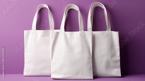 White blank empty cotton tote bag on a purple background. Generative ai