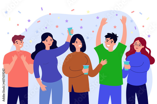 Group of friends having fun at party vector illustration. Large team cheering and celebrating success or anniversary with confetti falling. Friendship, celebration, reunion, support concept