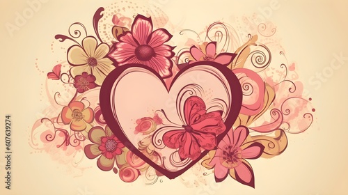 Illustration of flower with frame decoration as circle nature background with copy space in the center good for invitation, greetings, valentine, or love design element. Generative AI technology.